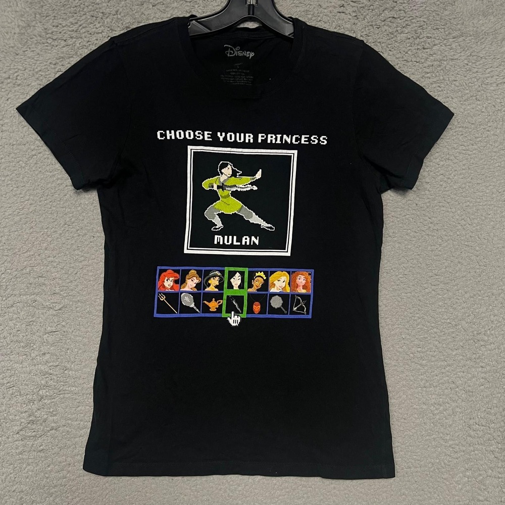 Disney Mulan Choose Your Princess T Shirt Womens Sz S Black 8-bit Video Game Tee